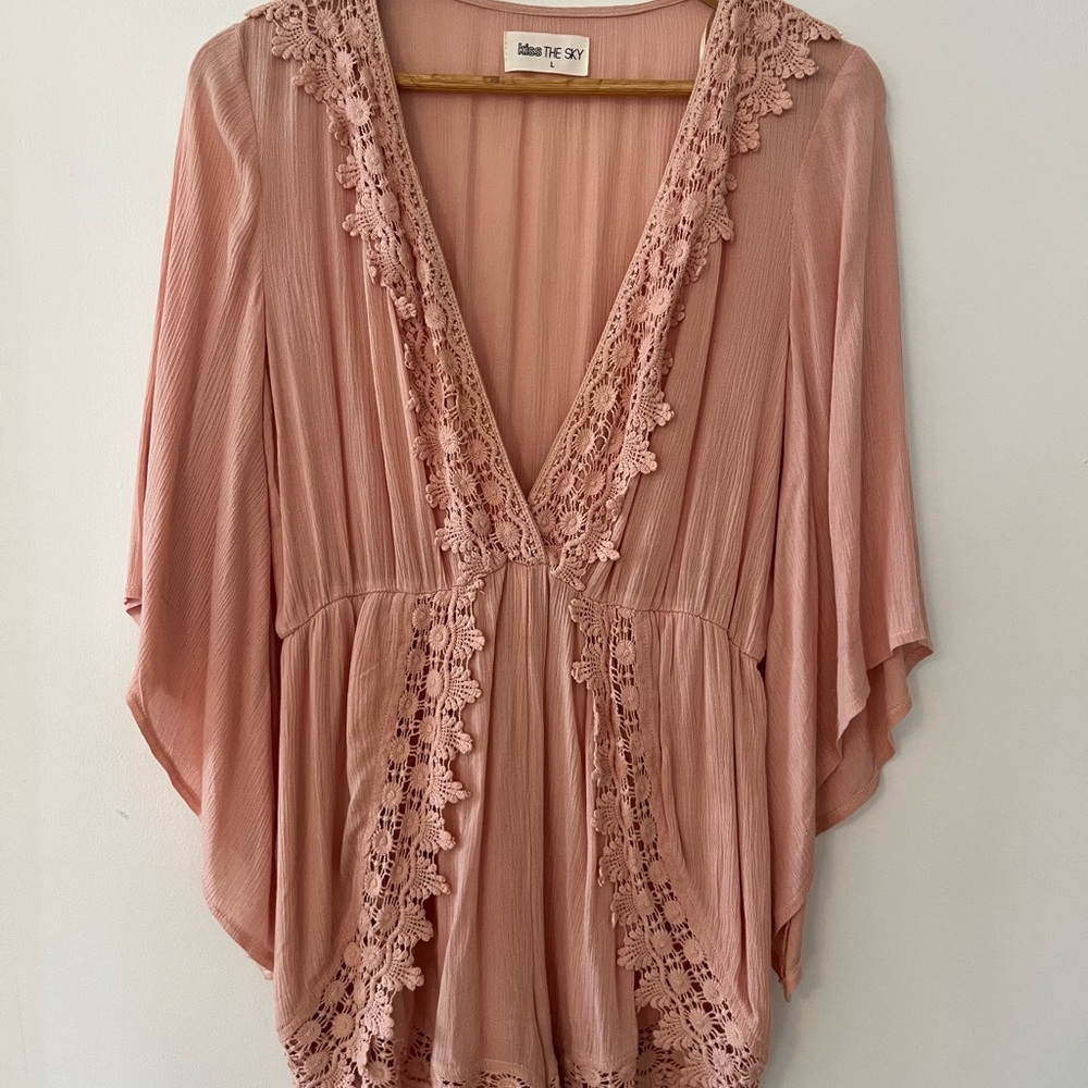Kiss The Dusty Pink Plunge V-Neck 3/4 Bell Sleeve Lace Crochet Jumpsuit Romper L